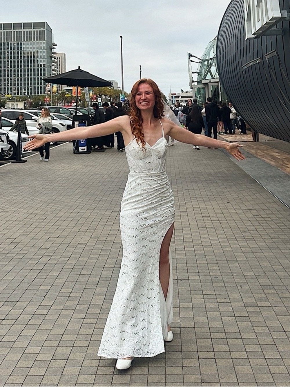 David's Bridal White Spaghetti-Strap Lace Maxi Dress with Front Slit